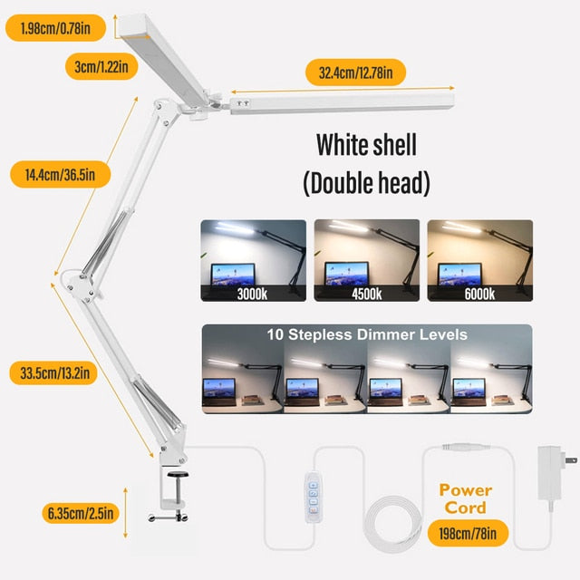 LED Reading Desk Lamp 24W Folding Swing Arm Desk Lamp with Clamp Dimmable Suitable for Workbench Home Eye Care Office Study