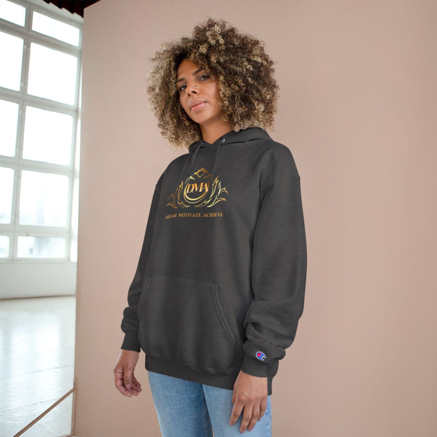 Champion White Hoodie — 'Dream. Motivate. Achieve.' Gold Crest Athletic Pullover