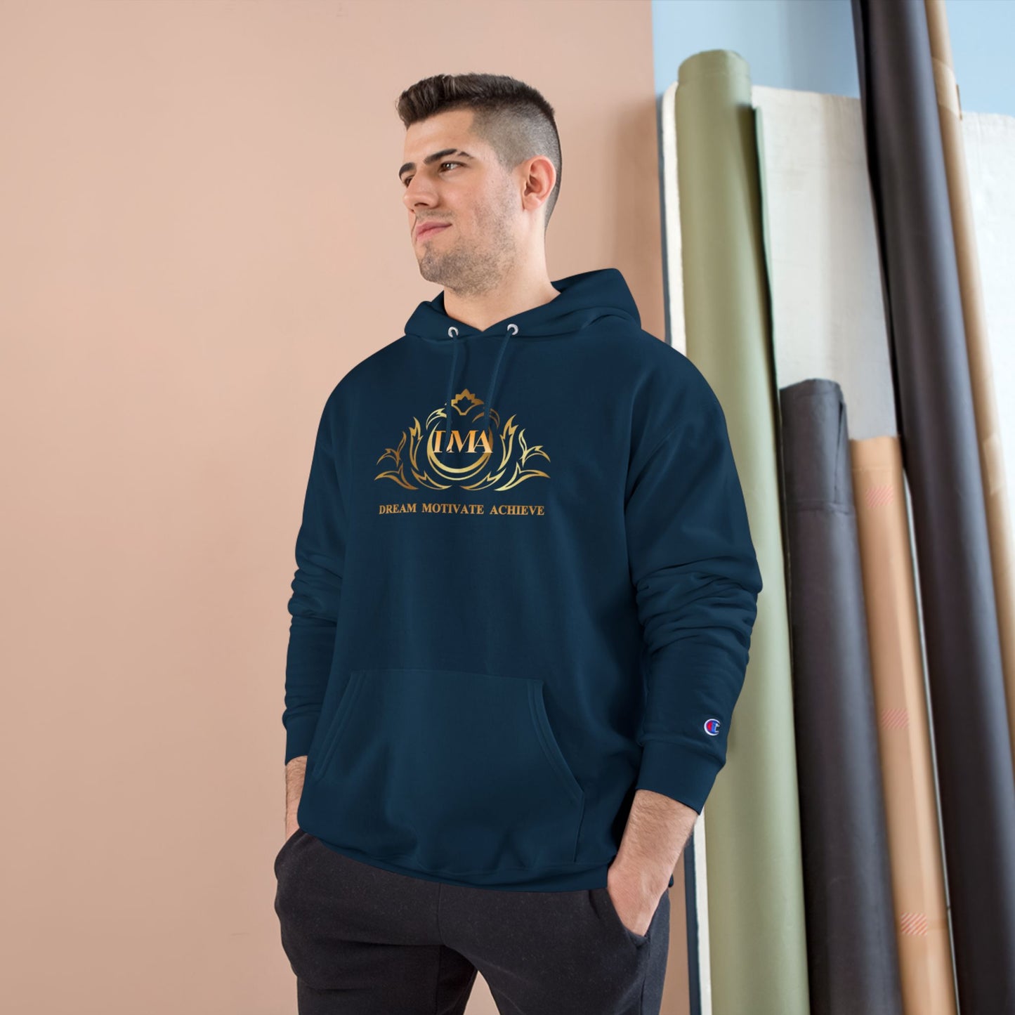 Champion White Hoodie — 'Dream. Motivate. Achieve.' Gold Crest Athletic Pullover