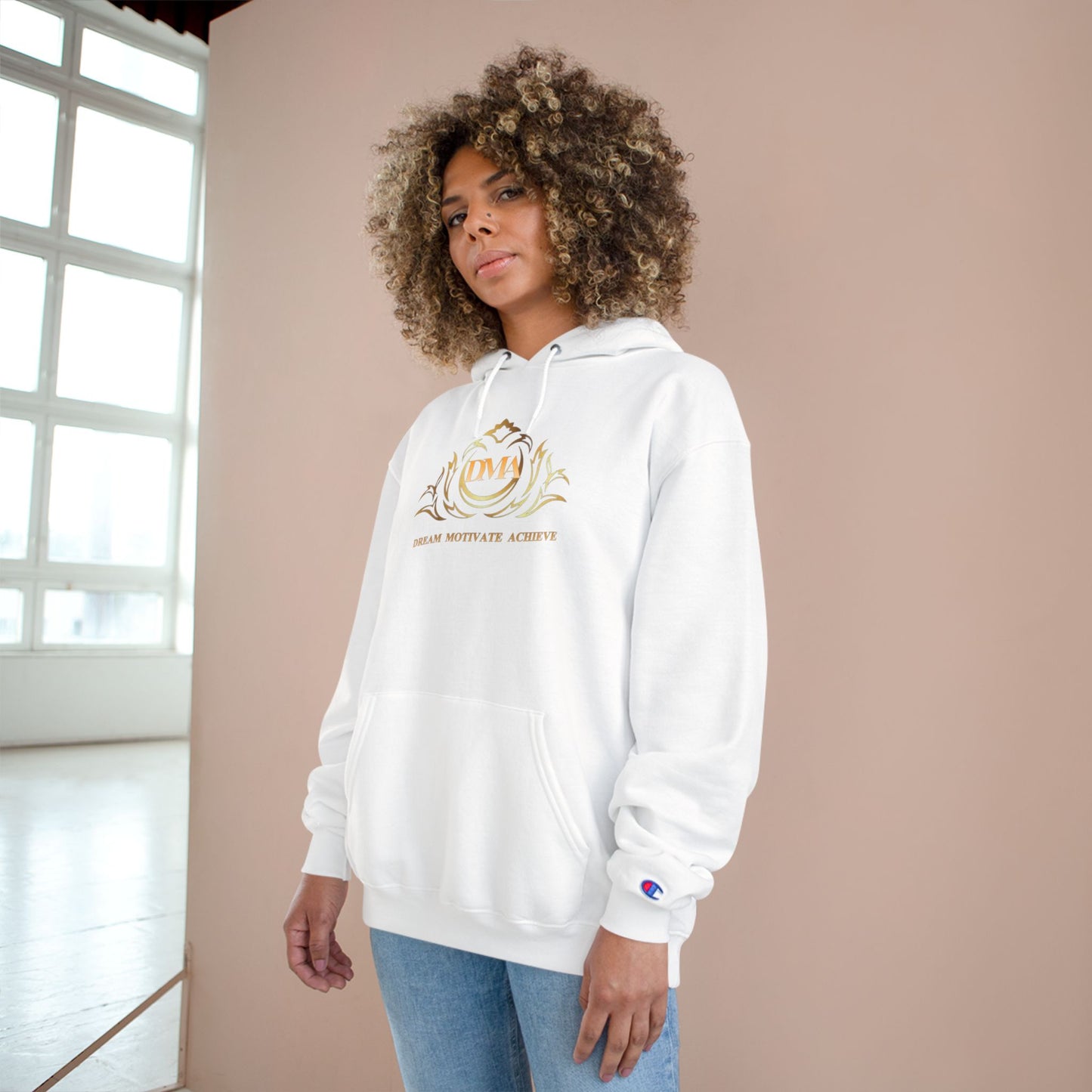 Champion White Hoodie — 'Dream. Motivate. Achieve.' Gold Crest Athletic Pullover