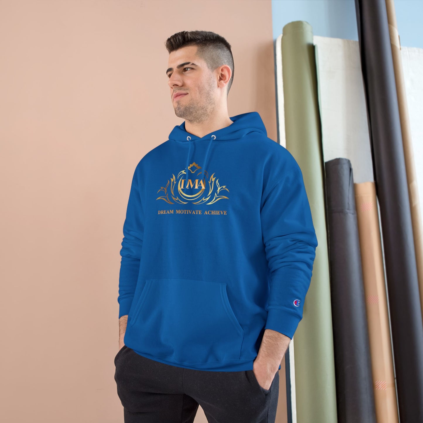 Champion White Hoodie — 'Dream. Motivate. Achieve.' Gold Crest Athletic Pullover