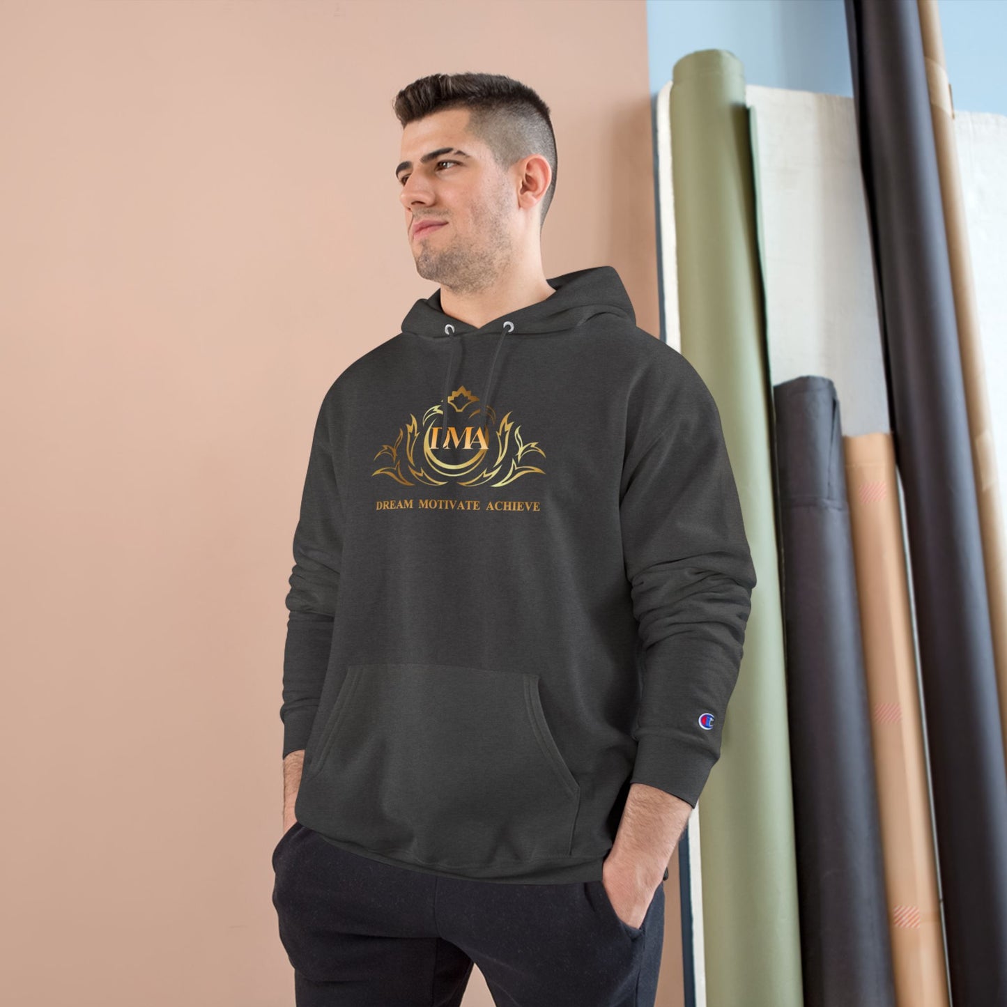Champion White Hoodie — 'Dream. Motivate. Achieve.' Gold Crest Athletic Pullover