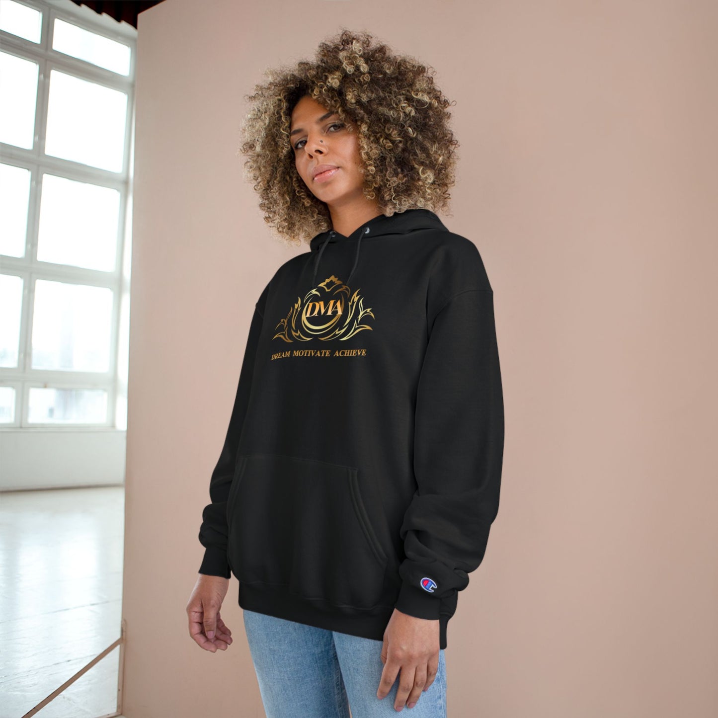 Champion White Hoodie — 'Dream. Motivate. Achieve.' Gold Crest Athletic Pullover
