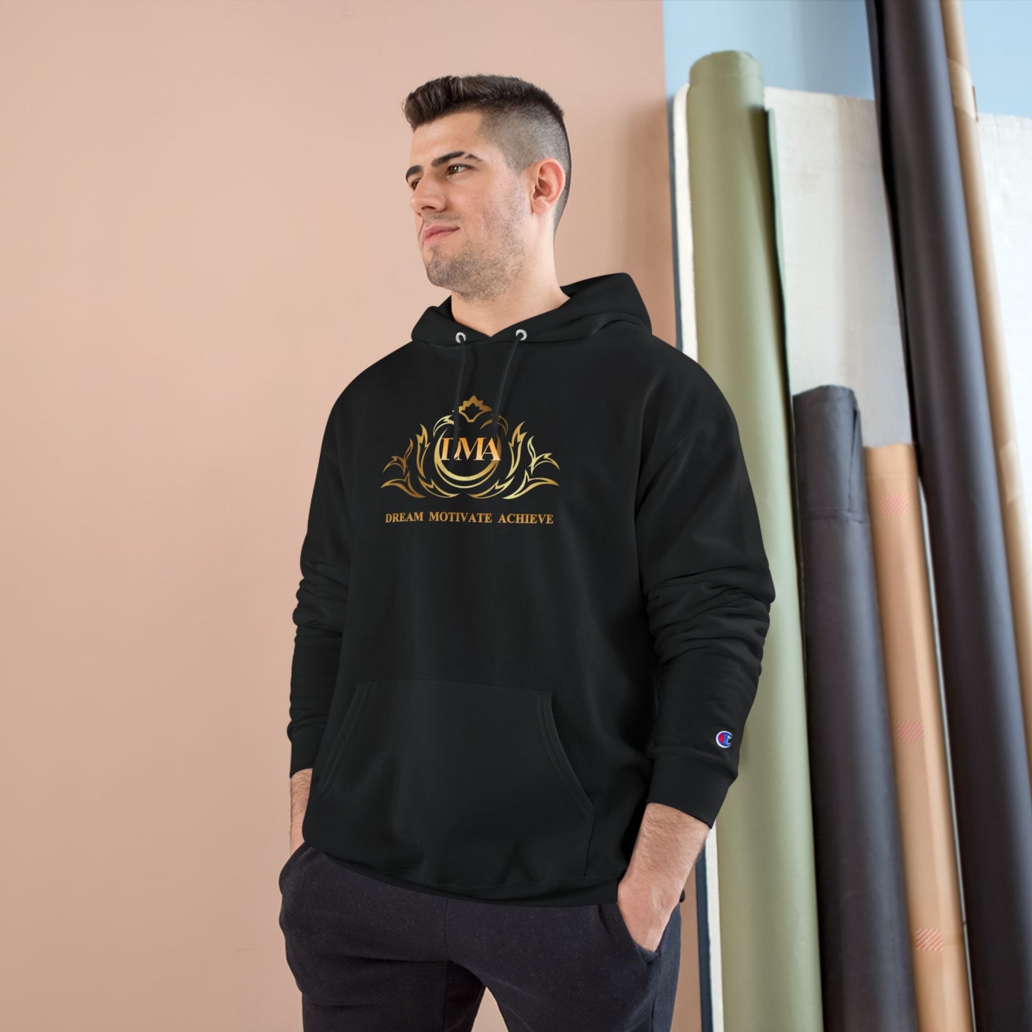 Champion White Hoodie — 'Dream. Motivate. Achieve.' Gold Crest Athletic Pullover