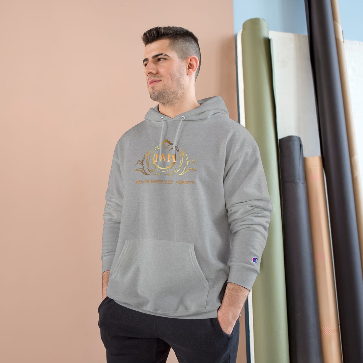 Champion White Hoodie — 'Dream. Motivate. Achieve.' Gold Crest Athletic Pullover