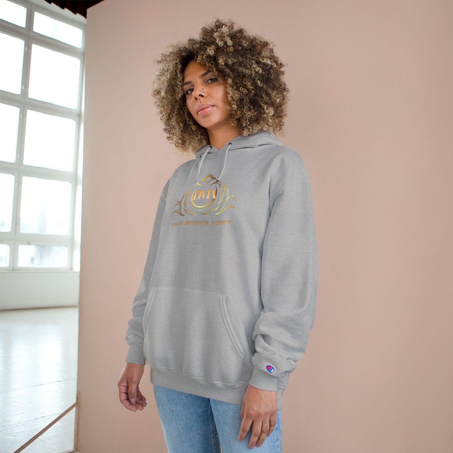 Champion White Hoodie — 'Dream. Motivate. Achieve.' Gold Crest Athletic Pullover
