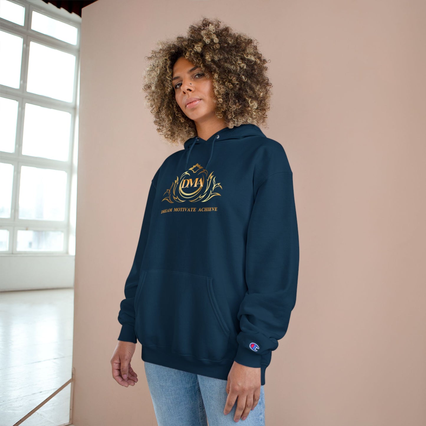 Champion White Hoodie — 'Dream. Motivate. Achieve.' Gold Crest Athletic Pullover