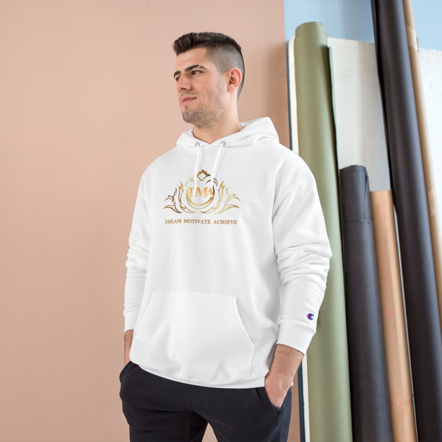 Champion White Hoodie — 'Dream. Motivate. Achieve.' Gold Crest Athletic Pullover