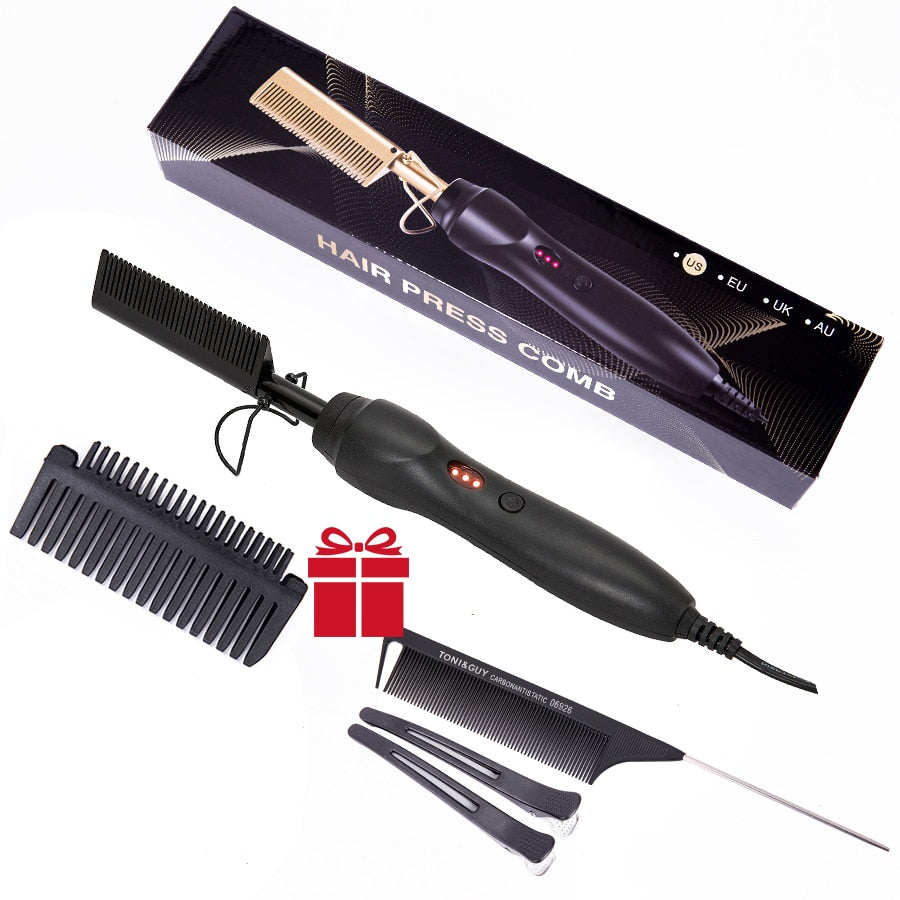 Leeons Black Hot Comb Hair Straightener Flat Iron Electric Hot Heating Comb Wet And Dry Hair Curler Straight Styler Curling Iron