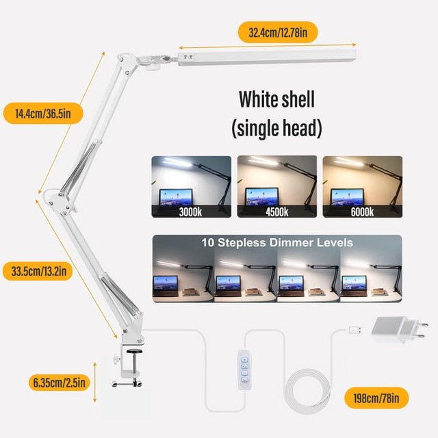 LED Reading Desk Lamp 24W Folding Swing Arm Desk Lamp with Clamp Dimmable Suitable for Workbench Home Eye Care Office Study