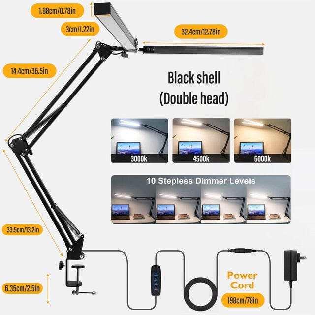LED Reading Desk Lamp 24W Folding Swing Arm Desk Lamp with Clamp Dimmable Suitable for Workbench Home Eye Care Office Study
