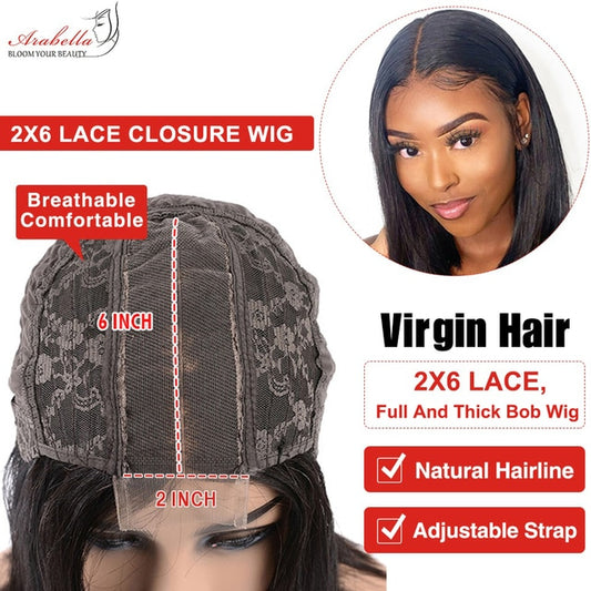 Lace Closure Human Hair Wigs 2x6 Lace Wig Bob Brazilian Straight Hair Pre Plucked Bleached Knots Arabella Virgin Hair Lace Wig
