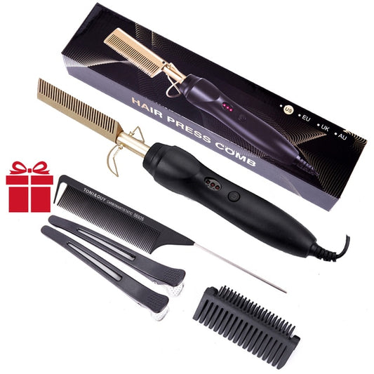 Leeons Black Hot Comb Hair Straightener Flat Iron Electric Hot Heating Comb Wet And Dry Hair Curler Straight Styler Curling Iron