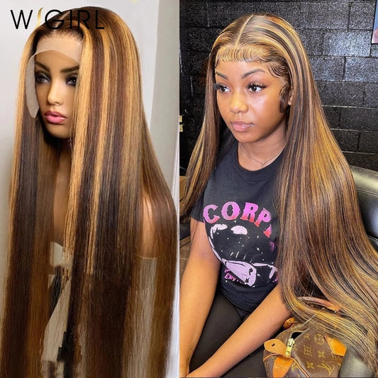 Wigirl 30 32 Inch Highlight Ombre Straight 13x4 Lace Front Human Hair Wigs 4/27 Colored Bone Straight Lace Frontal Wig For Women