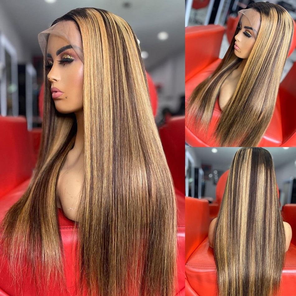 Wigirl 30 32 Inch Highlight Ombre Straight 13x4 Lace Front Human Hair Wigs 4/27 Colored Bone Straight Lace Frontal Wig For Women