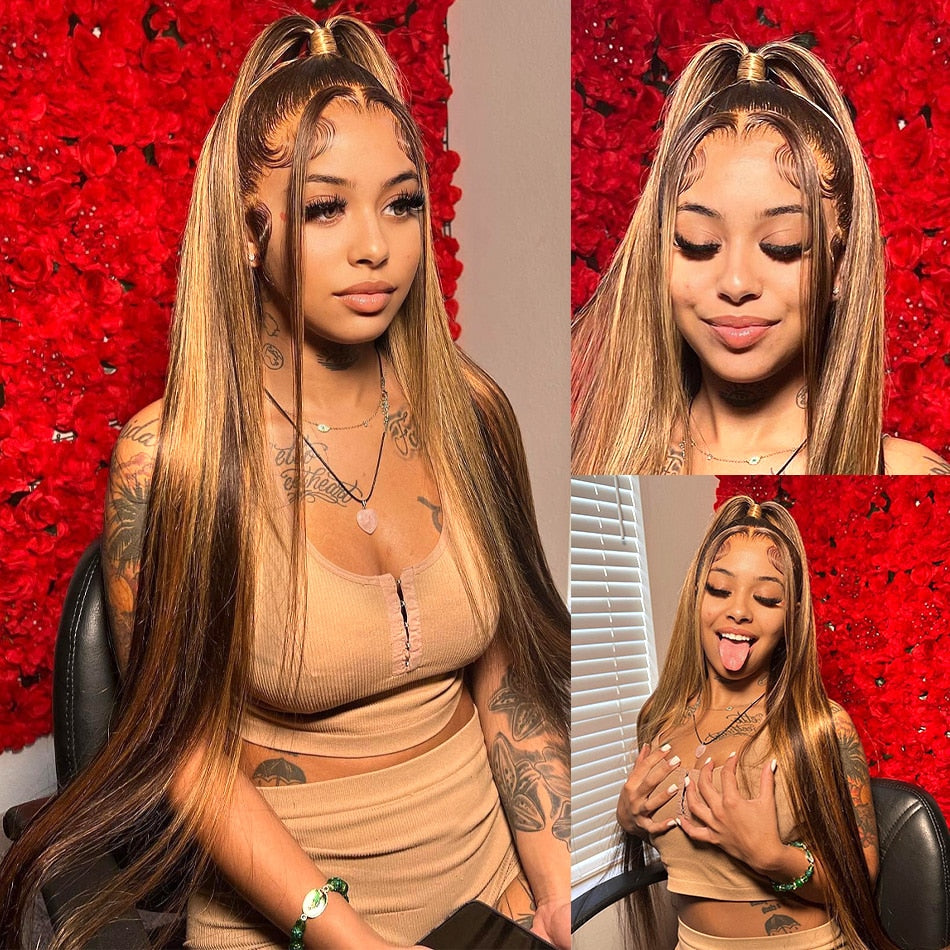 Wigirl 30 32 Inch Highlight Ombre Straight 13x4 Lace Front Human Hair Wigs 4/27 Colored Bone Straight Lace Frontal Wig For Women